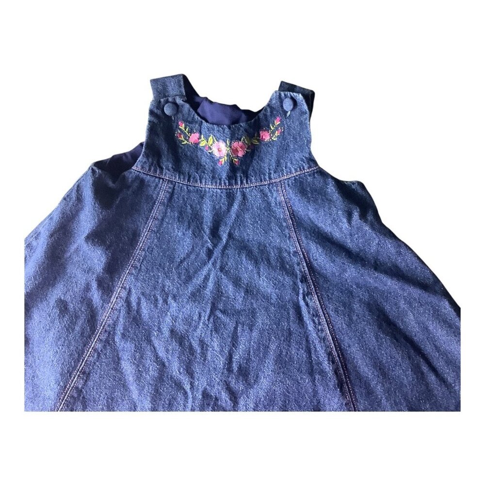 Vintage Y2K Blue Denim Jean Jumper Dress Embroidered Flowers 18M Sleeveless - Picture 6 of 6
